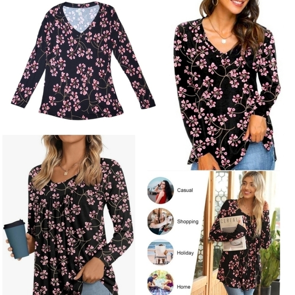 Black Pink Floral V-Neck Long Sleeve Top Medium Soft Stretch Everyday Casual - Picture 12 of 12